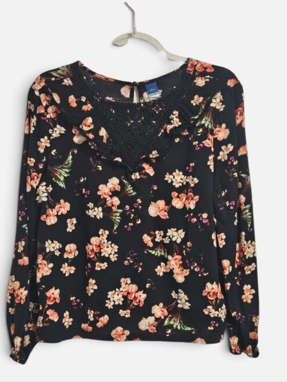 Old Navy Black Floral Lace-Trim Long Sleeve Top